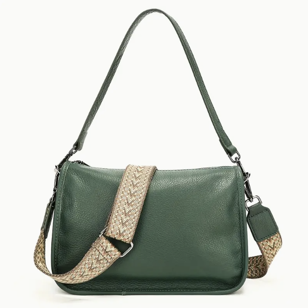 Leather Shoulder Bag - Adjustable Strap, Zipper