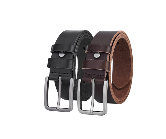 2 Pieces of Luxury Full-Grain Leather Belts - Black & Dark Brown - Durable Leather - Ideal for Stylish Men