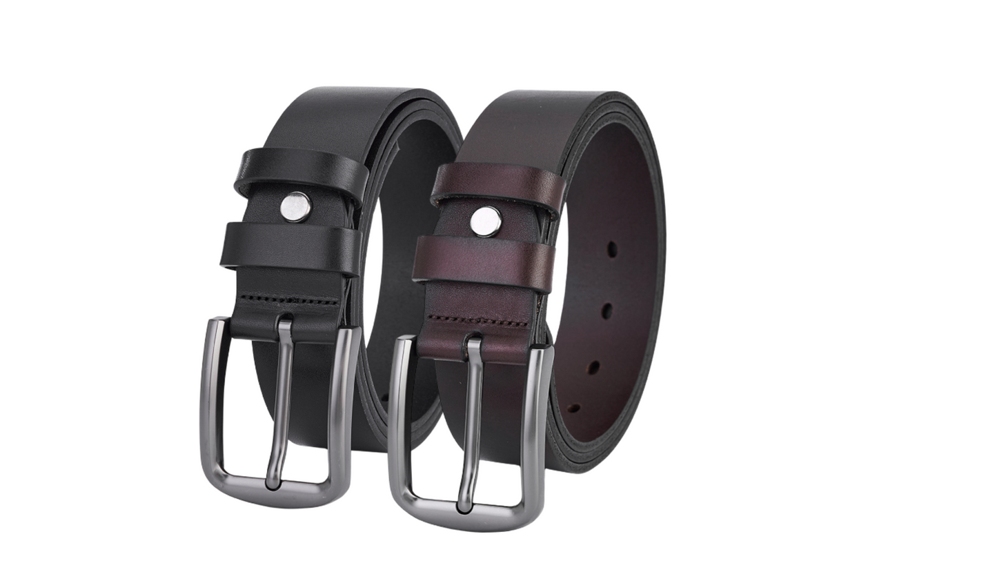 2 Piece Luxury Full Leather Belt Set - Black & Dark Brown, Durable and Elegant for Men